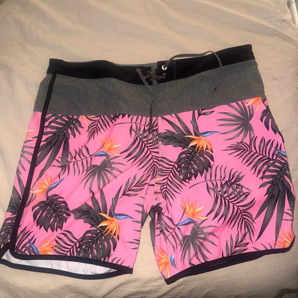 Hurley Pink and Black Tropical Swim Trunks